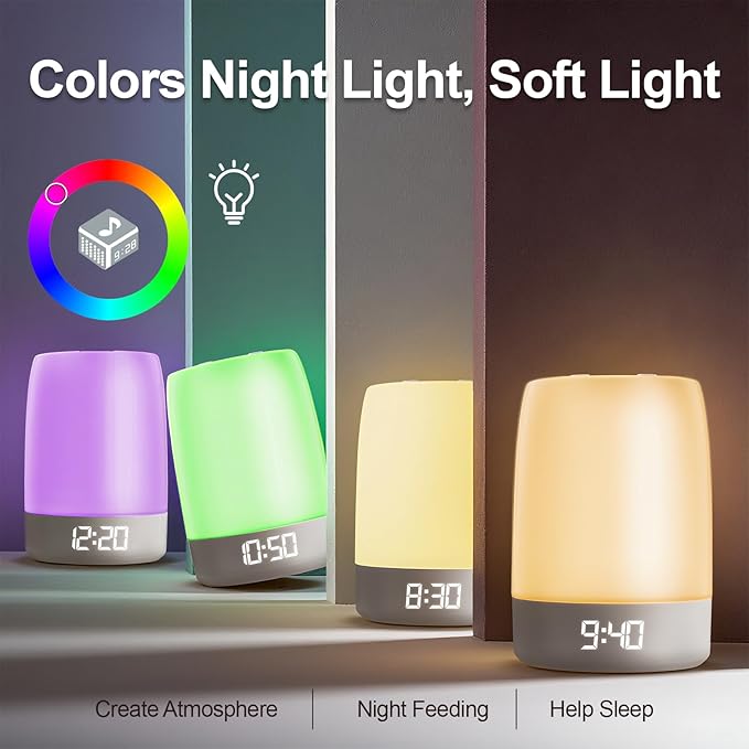 White Noise Machine Alarm Clock for Baby Adults Kids with 32 Soothing Sounds 8 Colors Rainbow Breathing Light，Toddler Sleep Trainer with Timer, App Remote Control，Bluetooth Playback for Bedroom