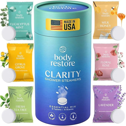Body Restore Shower Steamers Aromatherapy 6 Pack – Birthday Gifts for Men, Women, Dad Gift, Easter Basket Stuffers, Stress Relief, Relaxation, Self Care – Clarity