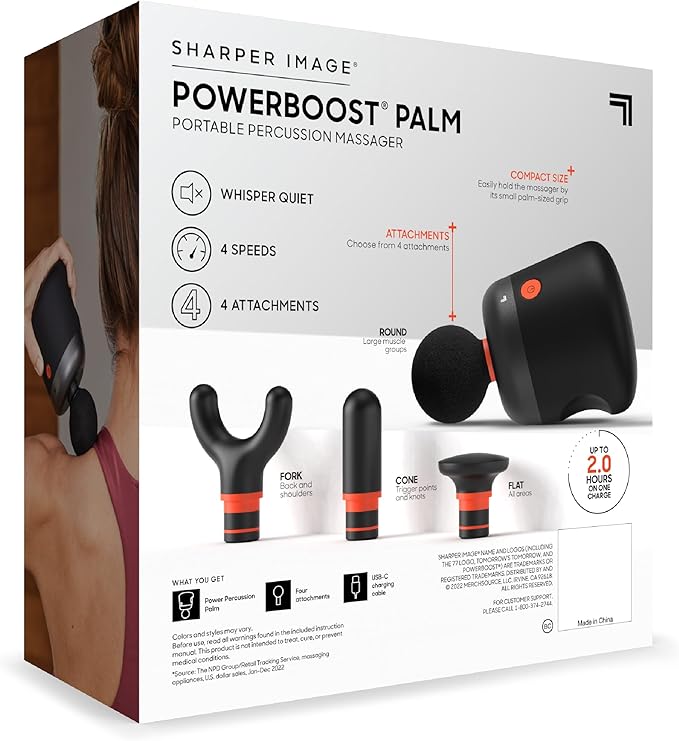 Sharper Image Mini Massage Gun, Powerboost Palm Rechargeable Deep Tissue Percussion Handheld Massager, 4 Adjustable Speeds, 4 Attachment Heads, Full Body Muscle Pain Relief Gift, Black