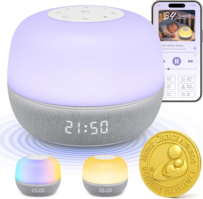 2025 Mom's Choice Awards | Sound Machine Baby White Noise Machine with Sunrise Alarm Clock & App Control – 360° RGB Night Light, Sleep Soother for Adults & Kids, Newborn Essentials Shower Gift