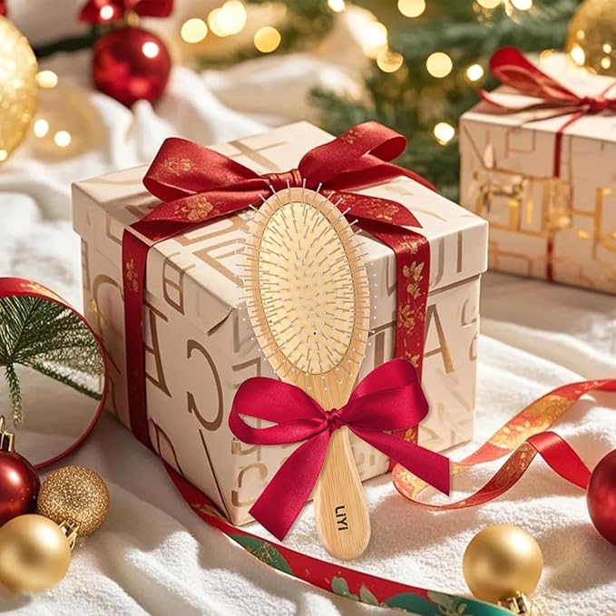 LIYI Bamboo Hair Brush for Hair Growth with Stainless Steel Bristles, Scalp Massager Ergonomic handle Wooden Paddle Brush for Women Men and Kids, for All Hair Types