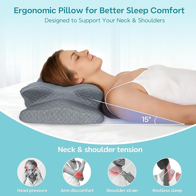 Cervical Neck Pillow for Sleeping, Ergonomic Memory Foam Pillow for Neck Pain Relief, Dual Height Contour Support for Side and Back Sleepers, Cooling Breathable Pillowcase, Grey