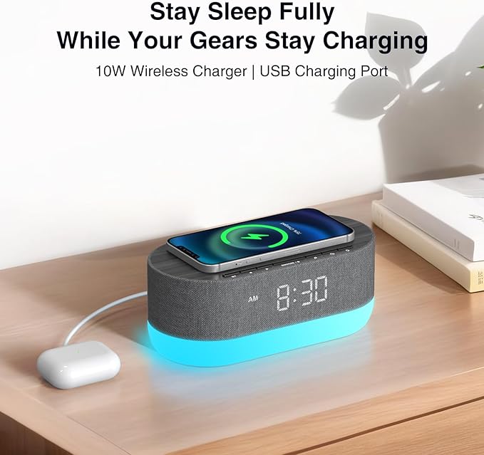 HOUSBAY Sound Machine with Alarm Clock for Bedrooms, Dual Speakers, 21 HiFi Sounds, 10W Wireless Charger, Unlimited Sound, Bluetooth, 10 Night Light, White Noise Machine for Sleeping, Black