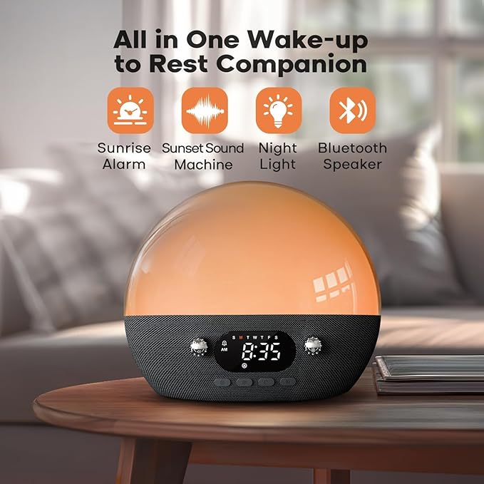 Dekala RestOnn Sunrise Alarm Clock Sunset Sound Machine 7-Day Programmable Loud Dual Alarm Clock, White Noise Natural Sounds for Sleeping Bluetooth Speaker Amber Night Light Smart App Control