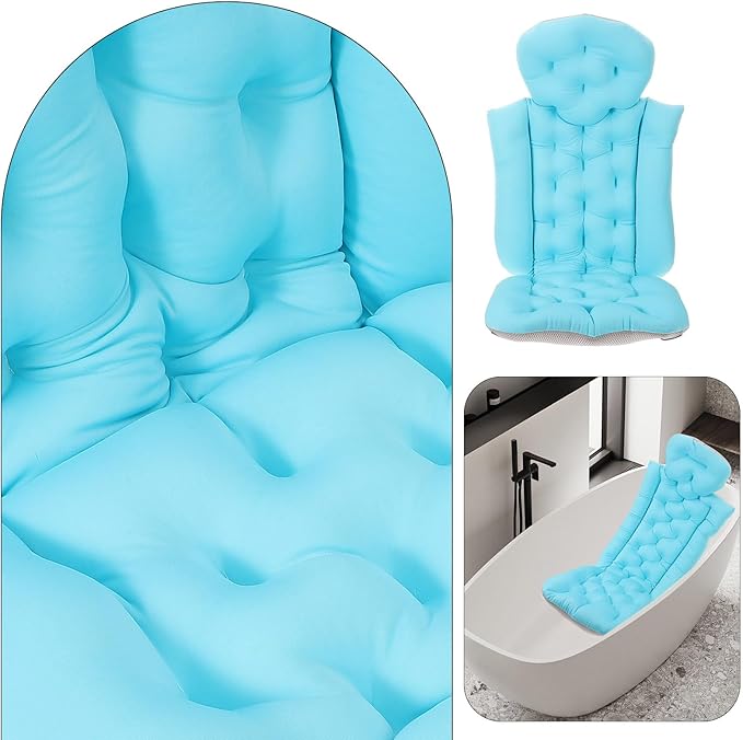 Zerodeko Full Body Bath Pillow with Back Support and Non-Slip Suction Cups, Blue Bathtub Cushion Mat for Adults, Comfortable Neck and Headrest Bath Tub Pillow for Relaxing Bathing