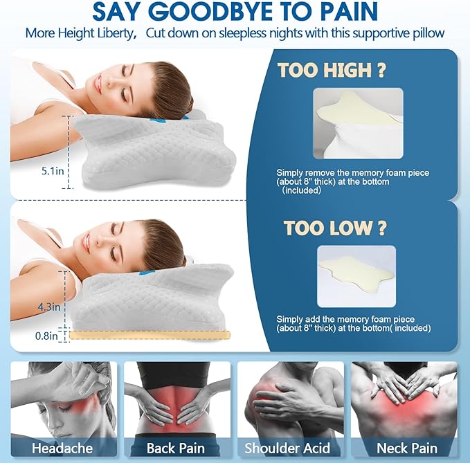Memory Foam Pillows, Cervical Pillow for Neck and Shoulder Pain Relief, Ergonomic Contour Bed Pillow, Soft for Side Sleep Stomach Sleeping and Back Sleeper