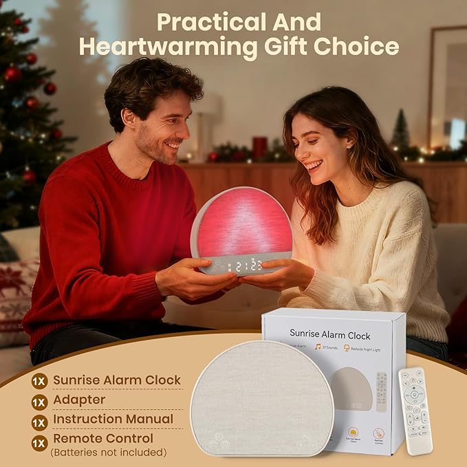 Tap Snooze Sunrise Alarm Clock, Wake Up Light Alarm with Remote Control, Bluetooth Speaker & USB Charging, 37 Sounds White Noise Machine, 15 Colors Dimmable Night Light for Heavy Sleepers