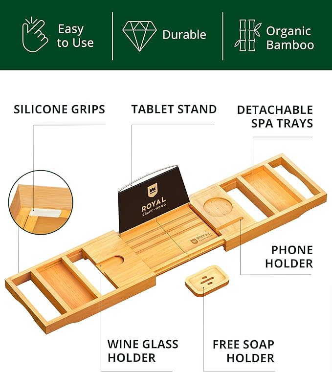 ROYAL CRAFT WOOD Premium Foldable Bathtub Tray Caddy - Wood Bath Tray for Tub, Bamboo Shelf, Expandable Bath Table Trays, Bathtub & Bathroom Accessories for New Home & Mothers, Birthday Gifts for Mom
