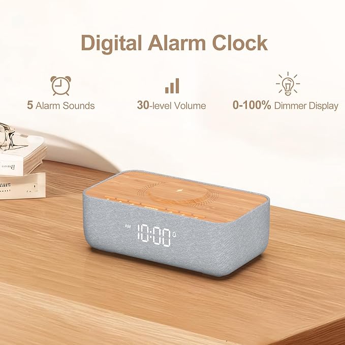 REACHER 15W Fast Magnetic Wireless Charging Alarm Clock with White Noise Machine, Woodgrain Style, 20 High‑Fidelity Sounds, Gradual Wake & Snooze, 0–100% Dimmable Digital Clock, Bedroom & Office