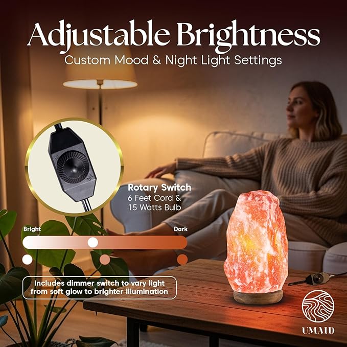 UMAID Himalayan Salt Lamp 8-10 inch (7-11 lb) with Dimmable Switch and Night Light Bulb on Handcrafted Wooden Base, Natural Pink Rock Salt Lamp