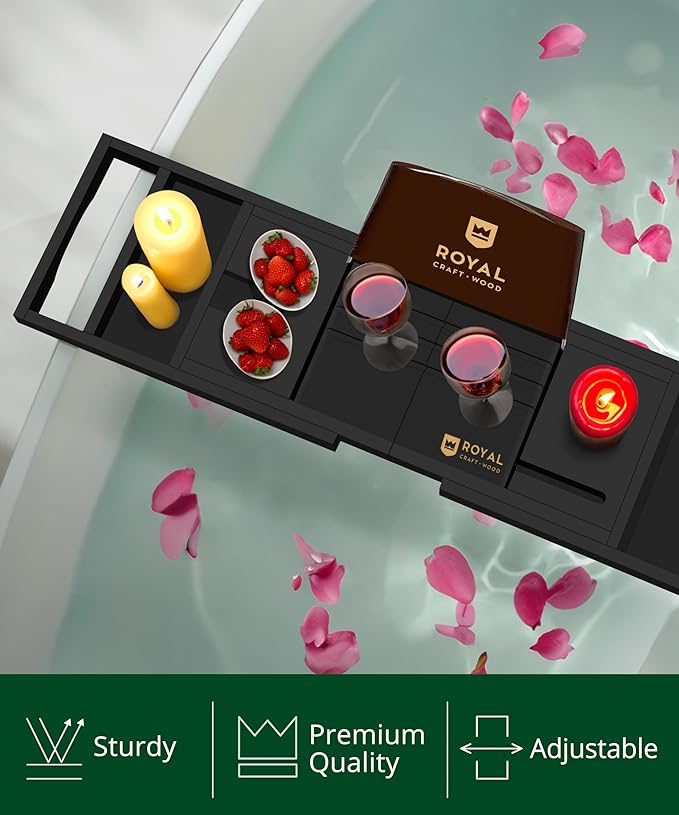 ROYAL CRAFT WOOD Premium Foldable Bathtub Tray Caddy - Wood Bath Tray for Tub, Bamboo Shelf, Expandable Bath Table Trays, Bathtub & Bathroom Accessories for New Home & Mothers, Birthday Gifts for Mom