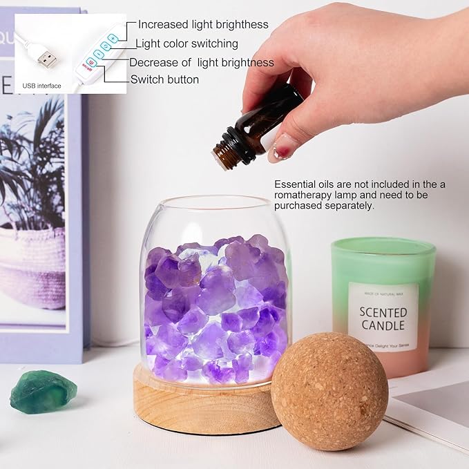 Runyangshi Amethyst Bud Night Lamp 6.3" Natural Healing Crystal Aroma Stone Diffuser Bedside Lamp USB Port 3 Colours Dimming Mode Bedroom Lamp Home Decor