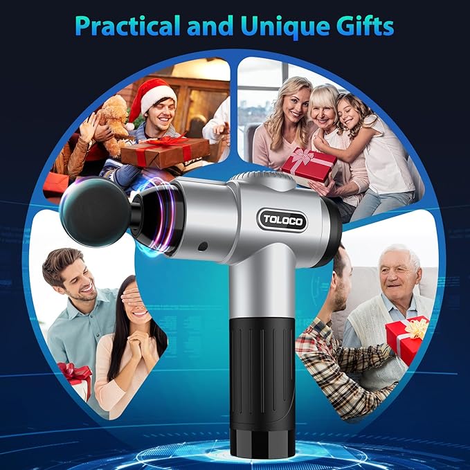 TOLOCO Massage Gun, Muscle Massage Gun Deep Tissue for Athletes with 10 Massage Heads, Electric Percussion Massager for Any Pain Relief, Valentines Day Gifts for Him Her, Silver