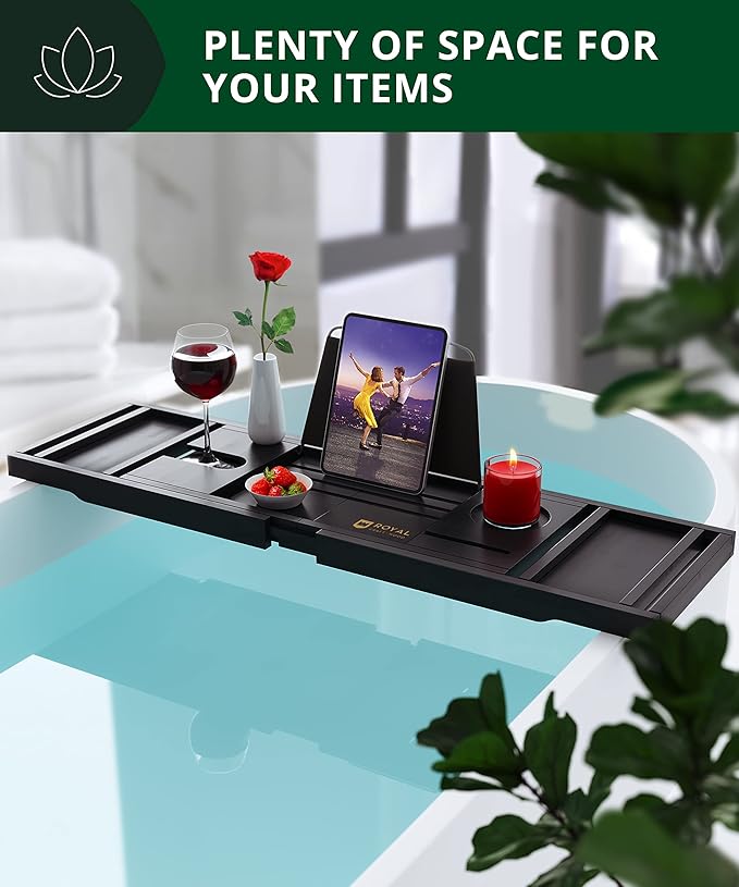 ROYAL CRAFT WOOD Premium Foldable Bathtub Tray Caddy - Wood Bath Tray for Tub, Bamboo Shelf, Expandable Bath Table Trays, Bathtub & Bathroom Accessories for New Home & Mothers, Birthday Gifts for Mom