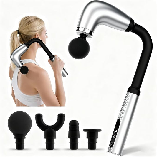 Massage Gun with Upgraded Extension Handle,Back Massage Gun Deep Tissue,Back Massager for Pain Relief for Muscles Neck Shoulders Waist Arm Legs Foot,4 Replaceable Heads & 9 Speeds (Silver)