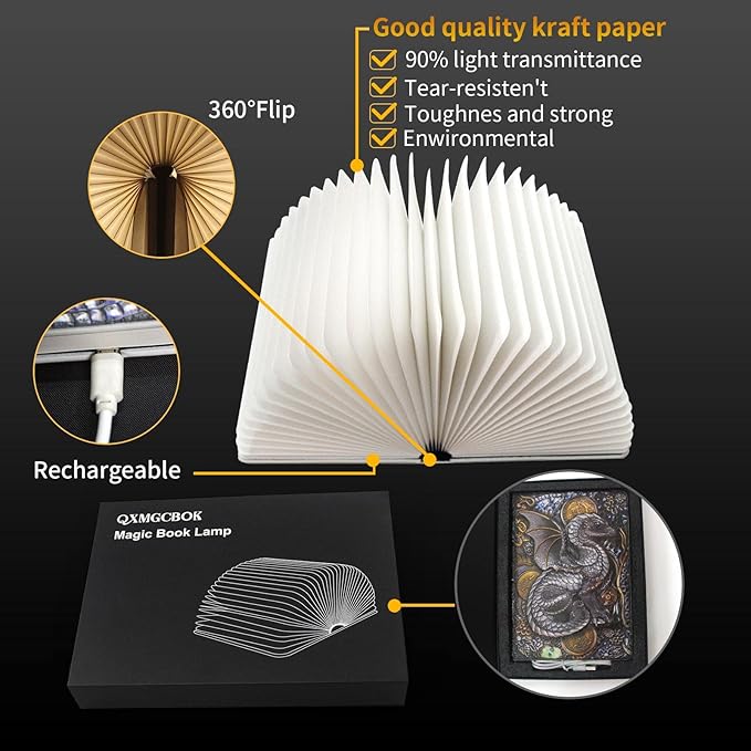 Folding Book Lamp Dragon Night Light, Portable Bedside Light (3 Colors) - Gift for Book Lovers