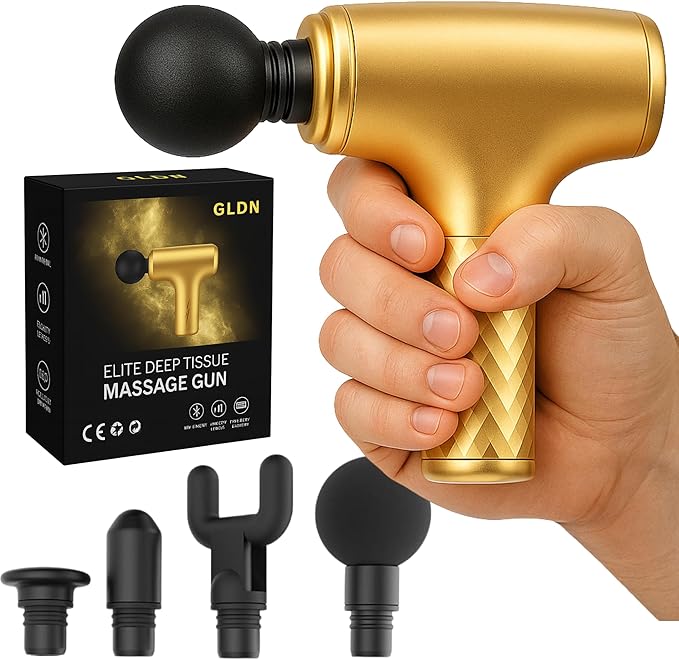 GLDN Mini Massage Gun with Luxurious Gold Finish, High Intensity Deep Tissue Percussion Massager for Back, Neck, & Body Pain, Electric Massager with 4 Massage Heads, Pain Relief Gifts for Men & Women