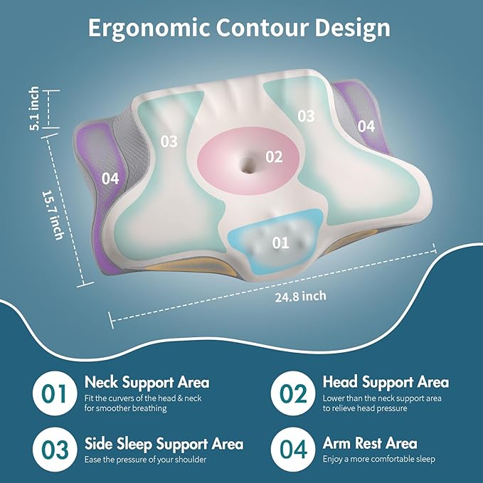Cervical Neck Pillow for Pain Relief, Ergonomic Pillow Side Sleeper Pillow for Sleeping, Contour Memory Foam Pillows with Cooling Pillowcase Orthopedic Bed Pillow for Back Stomach Sleepers