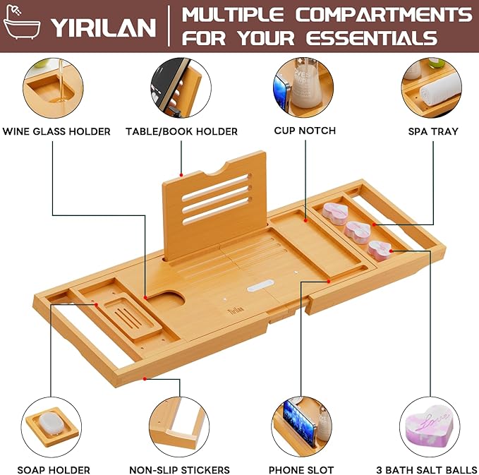 Original Wood Color Foldable Bamboo Bathtub Caddy, Bathtub Tray, Can Place Wine Glasses, Books, Mobile Phones Multifunctional Bath Tub, Suitable for Gifts in Various Festivals