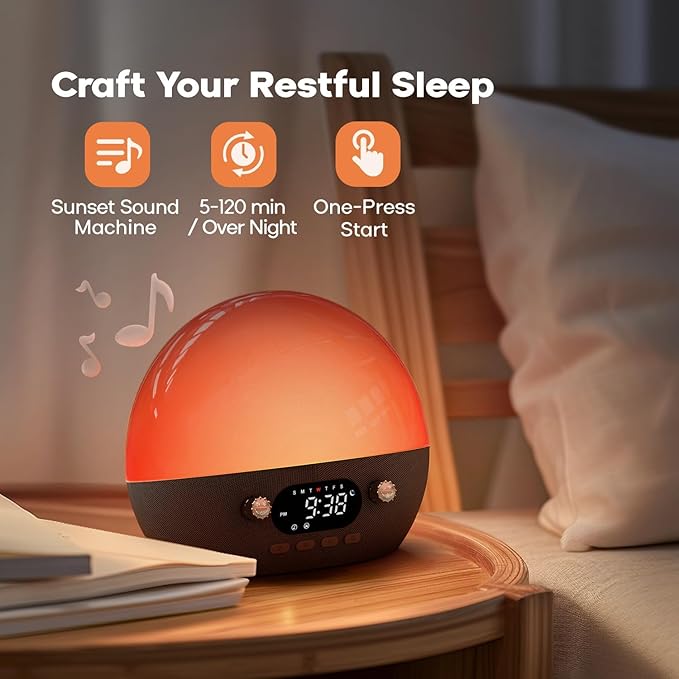 Dekala RestOnn Sunrise Alarm Clock Sunset Sound Machine 7-Day Programmable Loud Dual Alarm Clock, White Noise Natural Sounds for Sleeping Bluetooth Speaker Amber Night Light Smart App Control