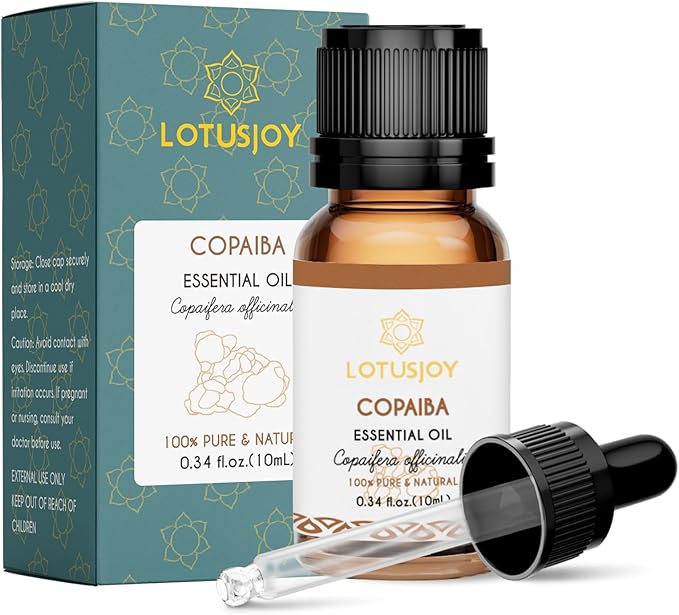 100% Pure Copaiba Essential Oil 0.34 Fl Oz, Therapeutic Grade Copaiba Oil in Amber Glass Bottle with Dropper for Diffuser, Massage, Skin Care & DIY