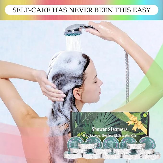 16 Pack Shower Steamers Aromatherapy - Natural Essential Oil Shower Bombs for Relaxation, Stress Relief & Self Care, Gift for Women & Men (8 Scents, 2 Each)