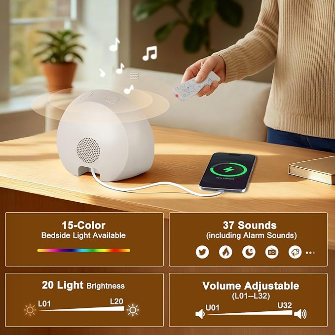 Tap Snooze Sunrise Alarm Clock, Wake Up Light Alarm with Remote Control, Bluetooth Speaker & USB Charging, 37 Sounds White Noise Machine, 15 Colors Dimmable Night Light for Heavy Sleepers