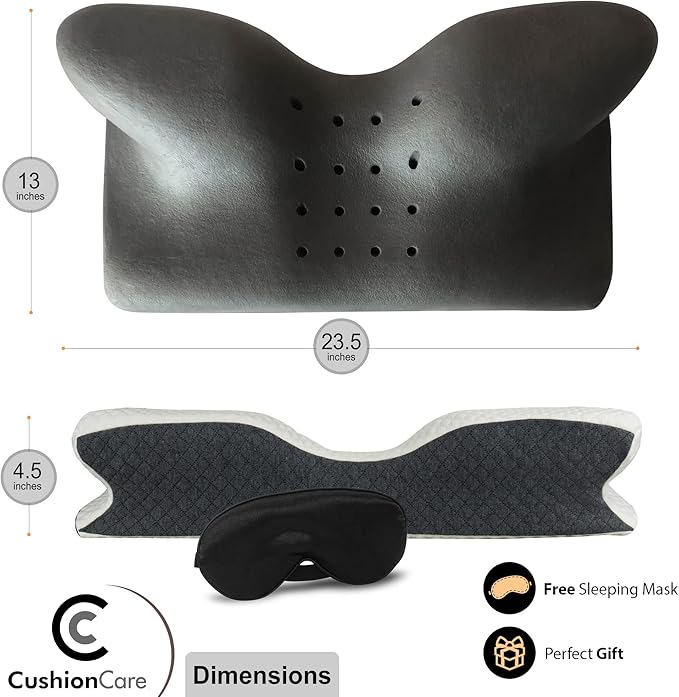 Charcoal Pillow for Neck and Shoulder Pain Relief – Bamboo Charcoal Memory Foam Cervical Pillow with Orthopedic Contour Support & Ventilated Cover – for Side, Back & Stomach Sleepers + Free Eye Mask