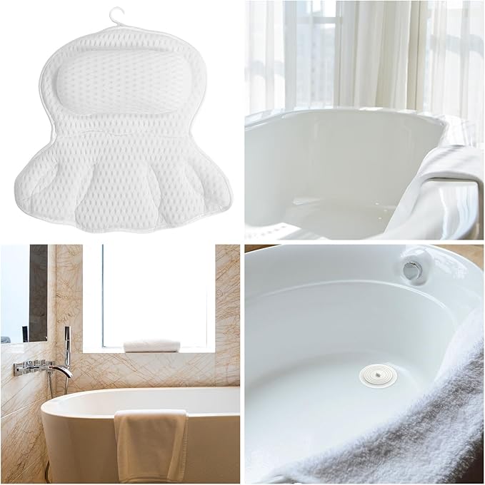 Bath Pillow for Tub Neck and Back Support, 1pcs White 4d Ergonomic Bathtub Cushion with Non-Slip Suction Cups, Machine Washable Tub Headrest for Spa and Relaxation