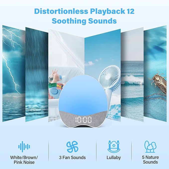 OK to Wake Alarm Clock for Kids, Children's Sleep Trainer, Bedside Dream White Noise Machine, Adjustable Night Light, 12 Soothing Sounds, Nap, Sleep Timer, Dimmable Fabric Display, Bedroom