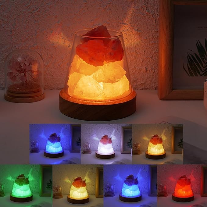Runyangshi Himalayan Salt Crystal Night Lamp Diffuser Stones Natural Clear Quartz Crystal and Haling Gemstones with Remote Control - USB Port, 7 Colours, Dimming Mode for Bedroom & Home Decor