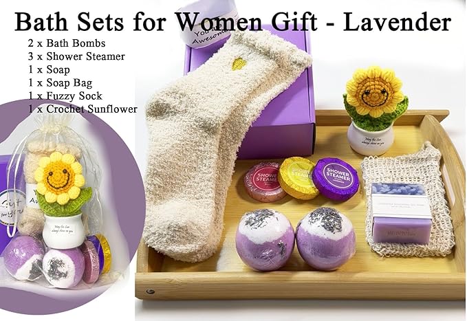 Bath Sets for Women Gift - Lavender Bath Bombs Soap Shower Steamer Positive Sunflower for Birthday Christmas Mother's Day, Sending Sunshine, Get Well Soon, Uplifting, Relaxing for Her