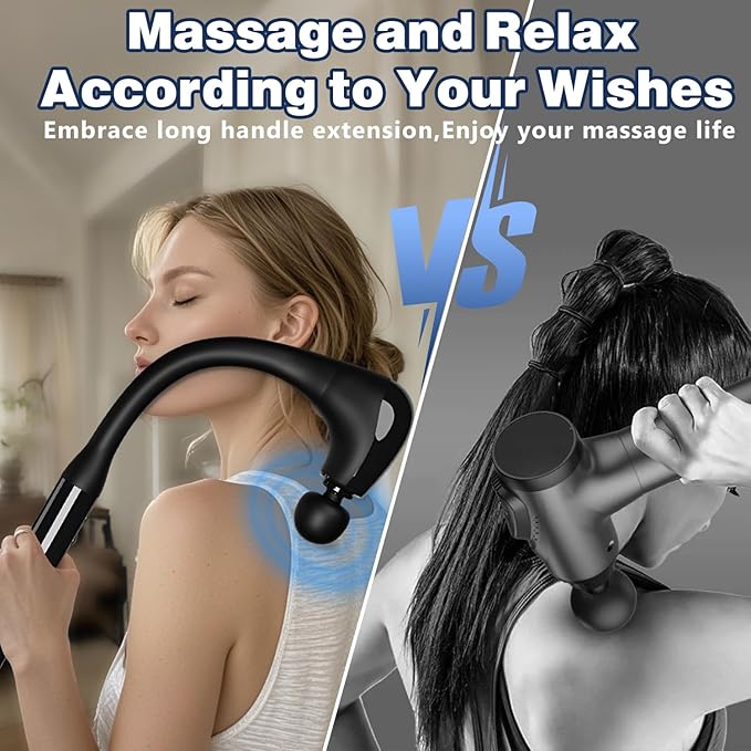 Deep Tissue Massage Gun with Extension Handle - 10mm Percussion Massager for Neck, Back & Shoulder Pain Relief, Handheld Portable Muscle Massager Gun for Athletes, 5 Speed & 4 Attachments