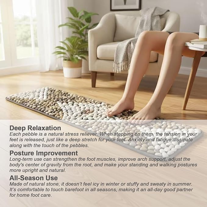 Rain Flower Stone Yin Yang Foot Massager Mat, Natural Pebble Acupressure Pad for Plantar Fasciitis Relief, Reflexology Massage, Brown Butterfly Style, Brown & White, Long