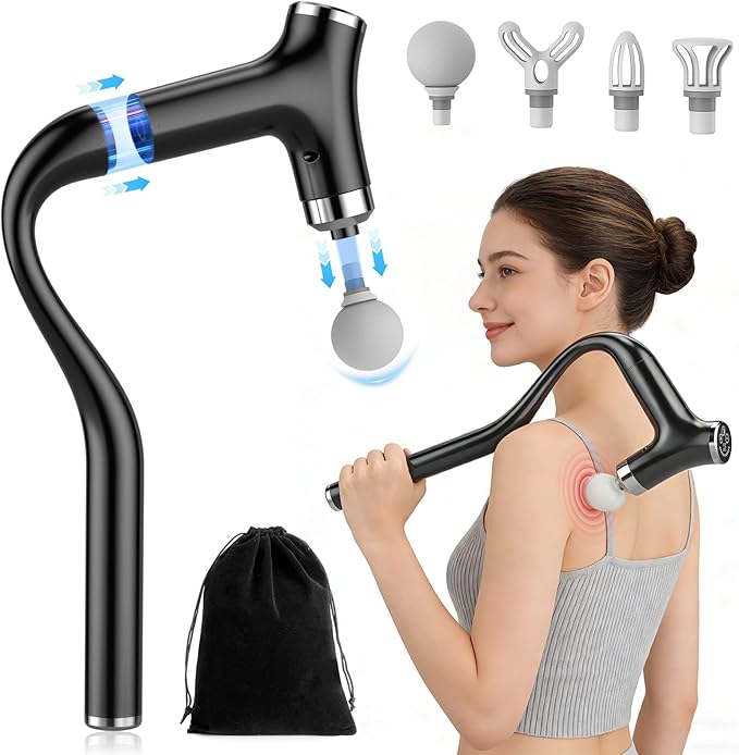 Detachable Long Handle Massage Gun for Back Pain Relief, Deep Tissue Percussion Massager with 12 Speed Levels, Handheld Muscle Massager for Back Shoulders Neck with 4 Attachments