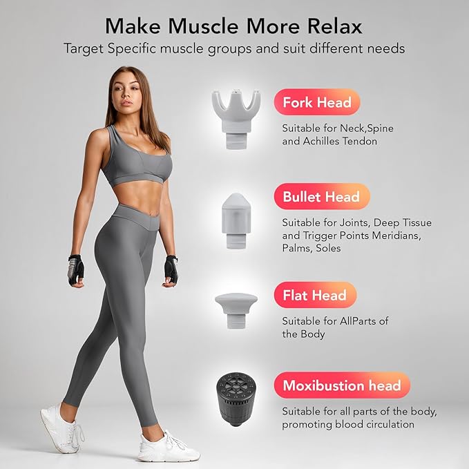 Deep Tissue Massage Gun, Back Massage Gun for Pain Relief, Replacement Heads for Moxibustion to Relieve Body Fatigue, Red