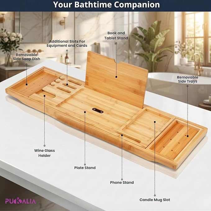 Bathtub Tray Wood Bamboo Caddy Expandable 29 to 42.5 Inch Foldable Design with Wine Glass Holder and Ergonomic Pillow Premium Home Spa Organizer for Luxury Soaking Relaxation