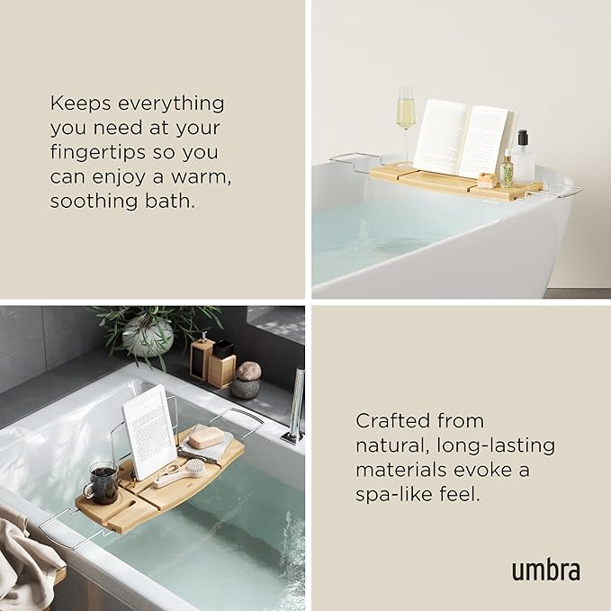 Umbra Aquala Bathtub Tray Extendable Caddy with Book Stand and Wine Glass Holder, Natural
