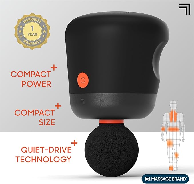 Sharper Image Mini Massage Gun, Powerboost Palm Rechargeable Deep Tissue Percussion Handheld Massager, 4 Adjustable Speeds, 4 Attachment Heads, Full Body Muscle Pain Relief Gift, Black