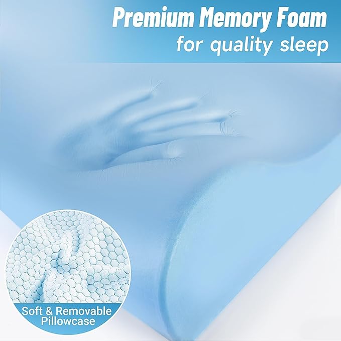 CloudBliss Memory Foam Pillow, Ergonomic Neck Contour Cervical Pillow for Back and Shoulder Pain, Orthopedic Pillow for Neck Pain Relief, for Sleeping Side, Back, Stomach Sleepers - Blue, King