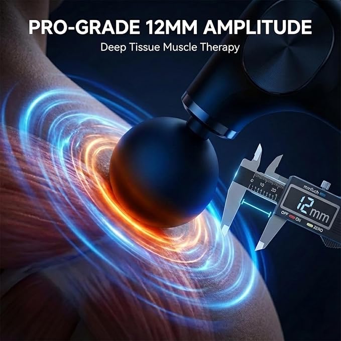 Deep Tissue Percussion Massage Gun with 12mm Penetration and 5-Speed Levels - 4 Heads and Extension Handle for Back Muscle & Neck/Shoulder Pain Relief - Lightweight Portable for Home Gym