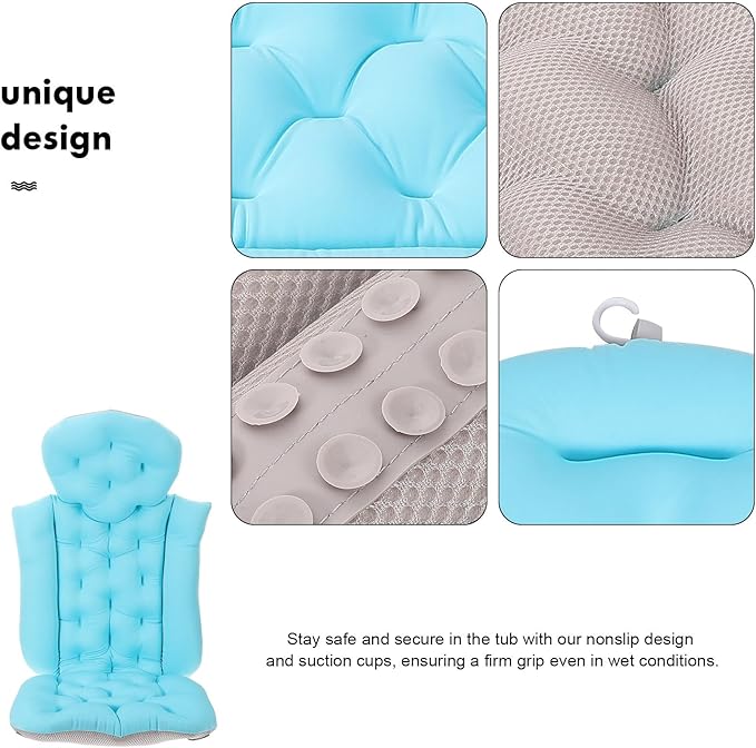 Zerodeko Full Body Bath Pillow with Back Support and Non-Slip Suction Cups, Blue Bathtub Cushion Mat for Adults, Comfortable Neck and Headrest Bath Tub Pillow for Relaxing Bathing