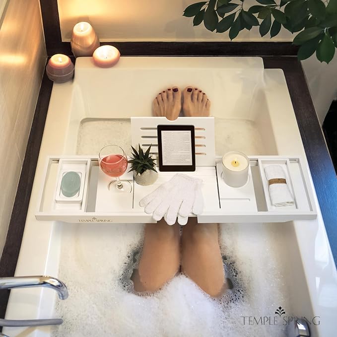 Temple Spring Wooden Bathtub Tray, Bamboo Bathroom Accessories, Bath Tray for Tub, at Home Spa Essentials, Board for Tub Table, Bath Caddy for Bathtub Accessories & Bathroom Essentials – White