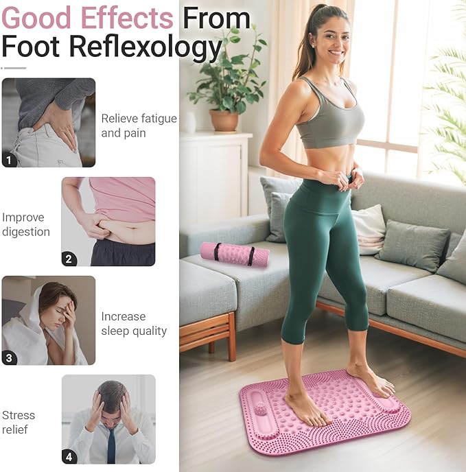 Foot Massage Mat with Two Massage Balls, 5-Zone Acupressure & Reflexology Mat for Various Stimulation, Portable Pressure Point Pad for Feet Relaxation, Pain, Fatigue Relief((Pink)