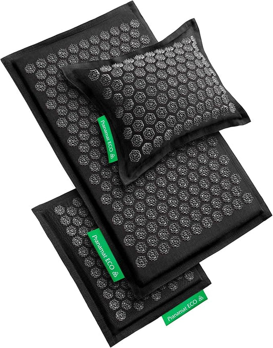 Acupressure Large & Small Mat with Pillow Set, Premium Acupressure Therapy for Pain Relief and Relaxation, Handcrafted in Europe with Sustainable and Natural Materials (Obsidian)