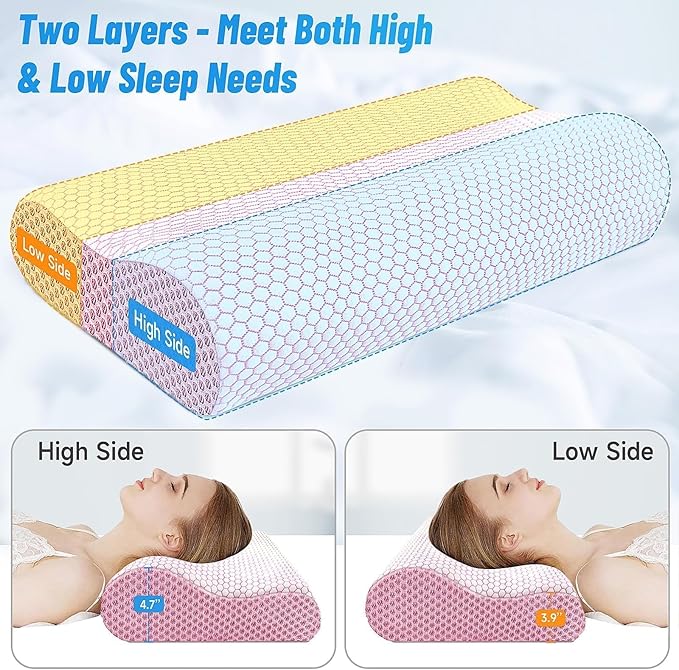 CloudBliss Memory Foam Pillow, Ergonomic Neck Contour Cervical Pillow for Back and Shoulder Pain, Orthopedic Pillow for Neck Pain Relief, for Sleeping Side, Back, Stomach Sleepers - Pink, Standard