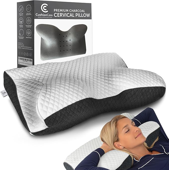 Charcoal Pillow for Neck and Shoulder Pain Relief – Bamboo Charcoal Memory Foam Cervical Pillow with Orthopedic Contour Support & Ventilated Cover – for Side, Back & Stomach Sleepers + Free Eye Mask