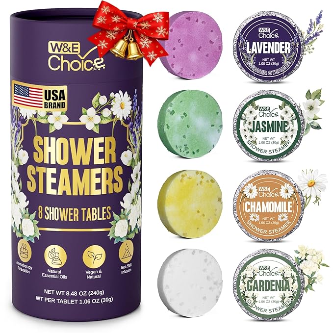 W&E Choice Shower Steamers Aromatherapy 8 Counts, Christmas Gifts for Women, Shower Bombs with Natural Essential Oils for Daily Relaxation & Stress Relief, Birthday Gifts for Wife, Mom