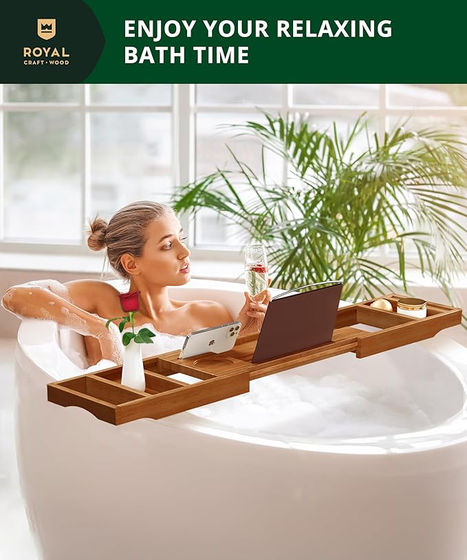 ROYAL CRAFT WOOD Premium Foldable Bathtub Tray Caddy - Wood Bath Tray for Tub, Bamboo Shelf, Expandable Bath Table Trays, Bathtub & Bathroom Accessories for New Home & Mothers, Birthday Gifts for Mom