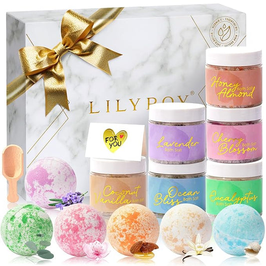 Luxury Mothers Day Gifts for Women15-Piece Floral 6 x 150g Bath Salt & 6 x 100g Bath Bomb Gift Set for Christmas Gifts, Bath & Body Gift Set for Women, Self Care Kit Elegant Box | Birthday Gift